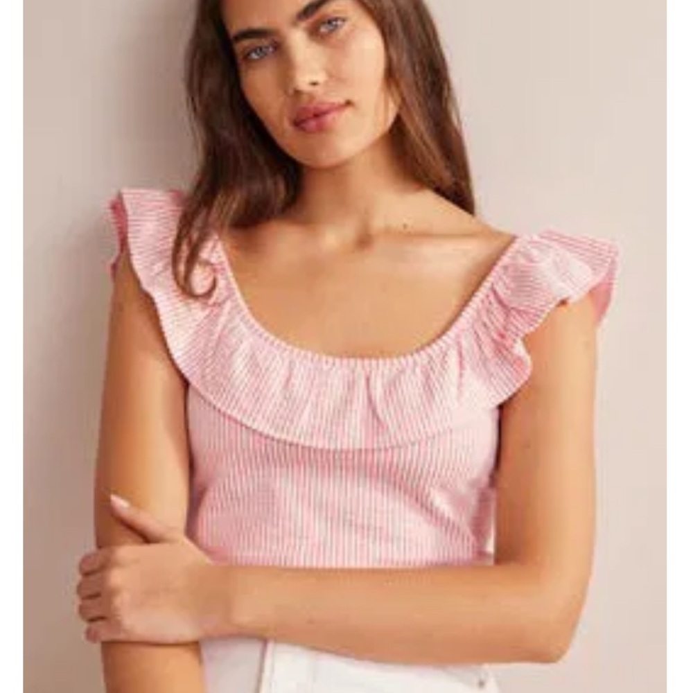 Boden Pink Red White Ruffled Off Shoulder Ribbed Top Blouse Seersucker Stripe 6 - Picture 5 of 9
